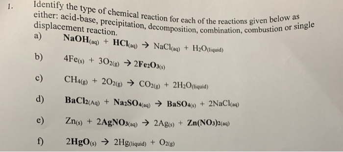 Solved Identify the type of chemical reaction for each of | Chegg.com