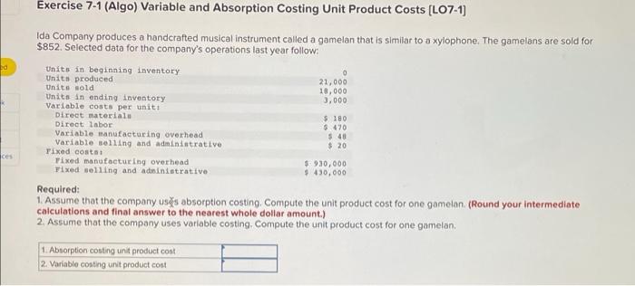 Solved Exercise 7-1 (Algo) Variable And Absorption Costing | Chegg.com