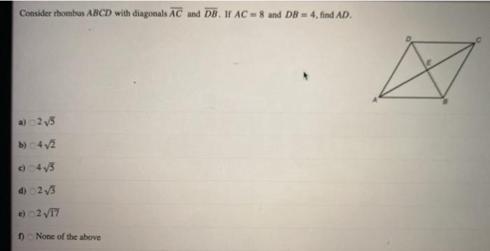 Solved Consider rhombus ABCD with diagonals AC and DB. IF AC | Chegg.com