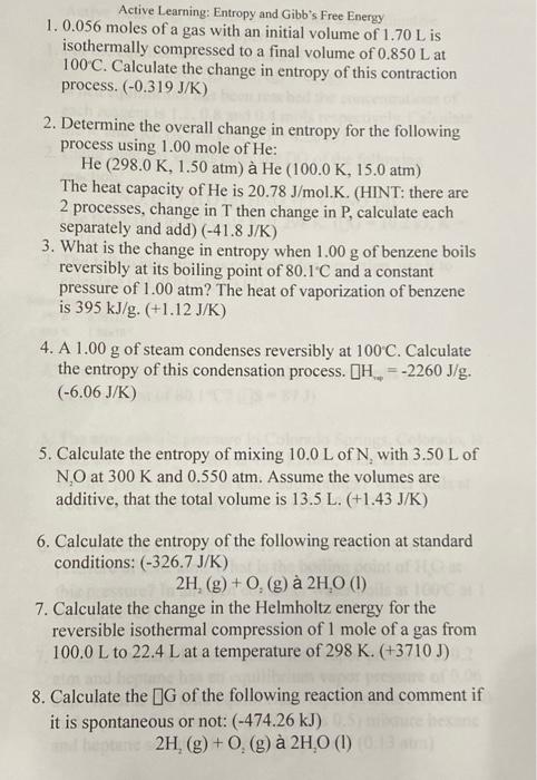 Solved Active Learning: Entropy and Gibb's Free Energy | Chegg.com