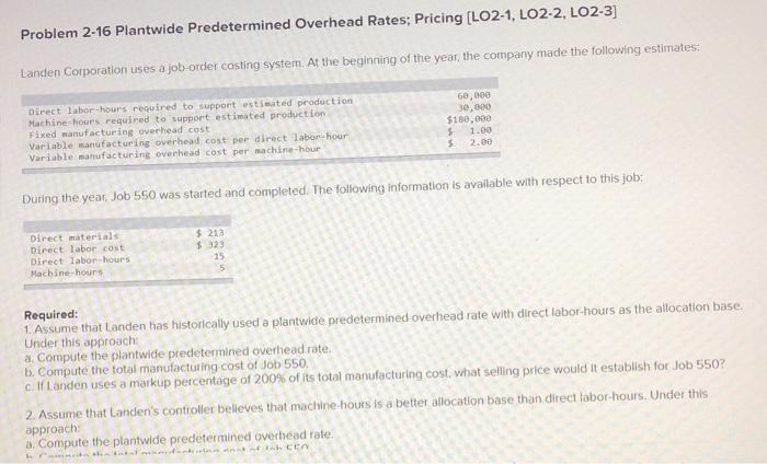 Solved Problem 2-16 Plantwide Predetermined Overhead Rates; | Chegg.com