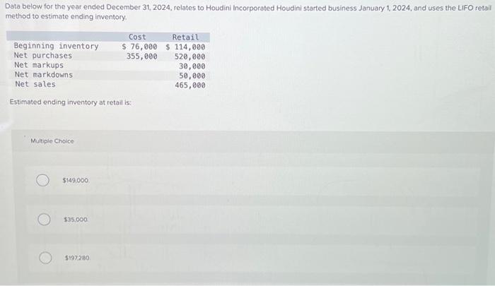 Solved Data Below For The Year Ended December 31, 2024, | Chegg.com