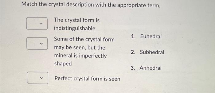 Match the crystal description with the appropriate term.
The crystal form is indistinguishable
Some of the crystal form
1. Eu