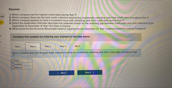 Required:
1. Which company had the highest credit sales during Year 1 ?
2. Which company likely has the best credit collectio