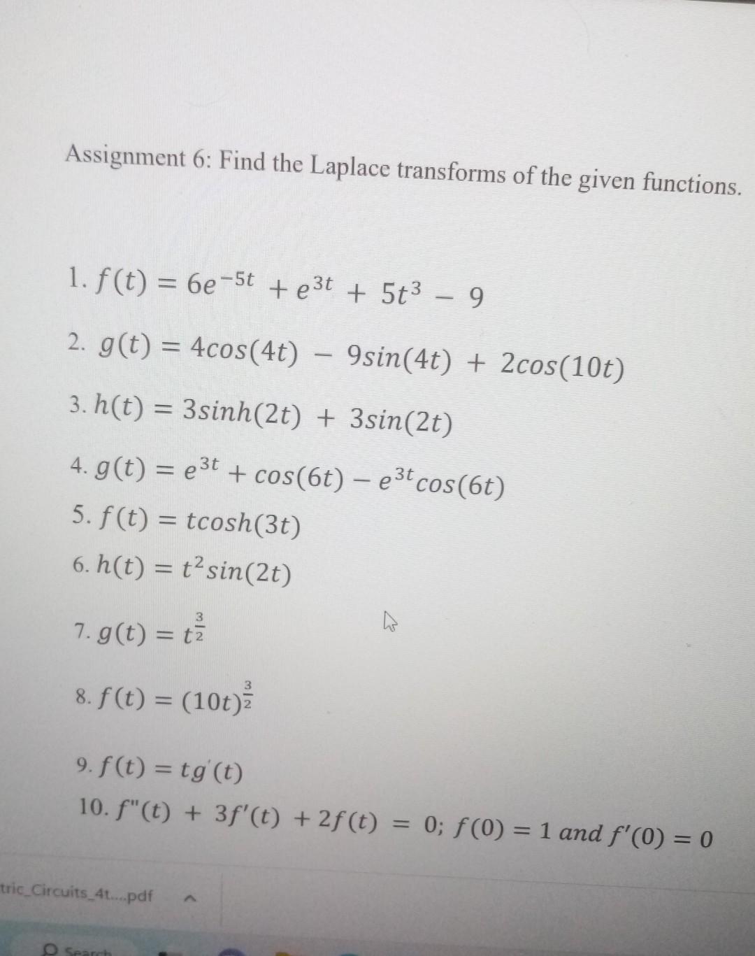 Solved Assignment 6: Find The Laplace Transforms Of The | Chegg.com