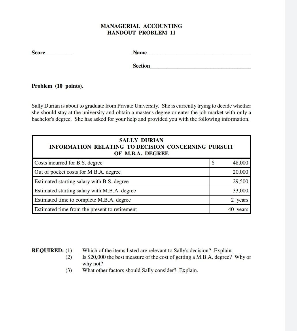 Solved MANAGERIAL ACCOUNTING HANDOUT PROBLEM 11 Score Name | Chegg.com