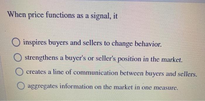 Solved When price functions as a signal, it inspires buyers | Chegg.com