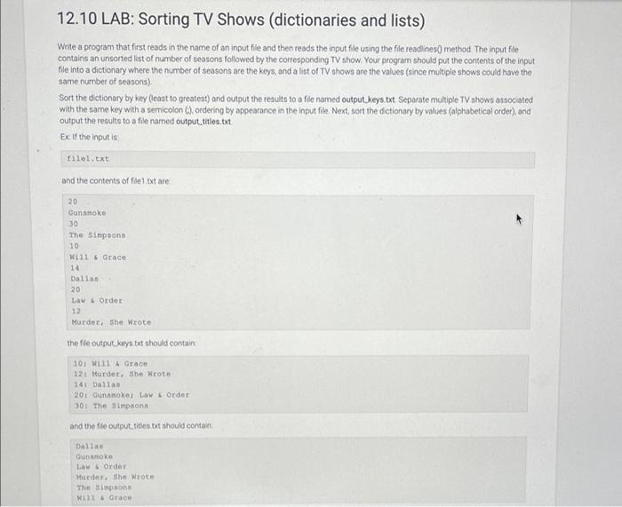 Solved 12.10 LAB Sorting TV Shows (dictionaries and lists)