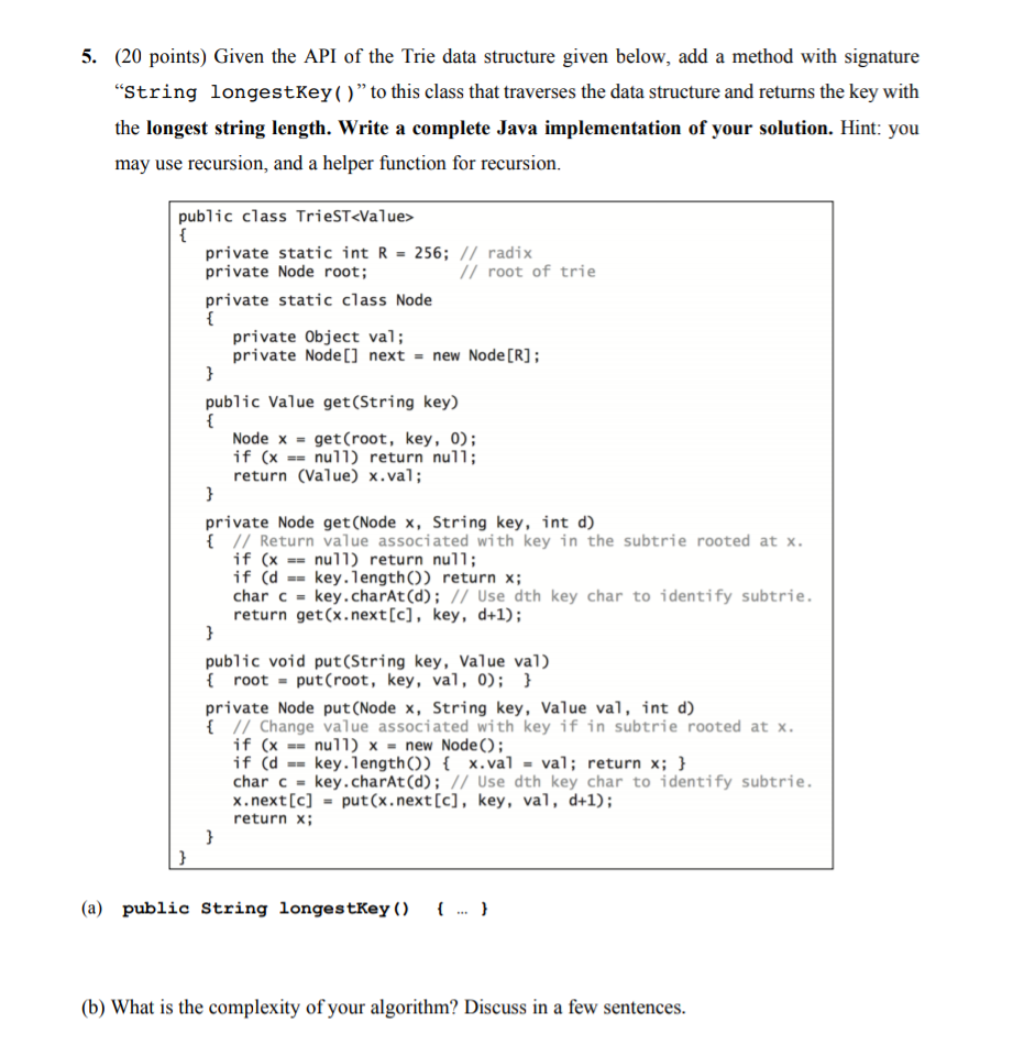 Solved 5. (20 points) Given the API of the Trie data | Chegg.com
