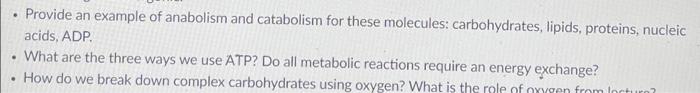 Solved Provide an example of anabolism and catabolism for | Chegg.com