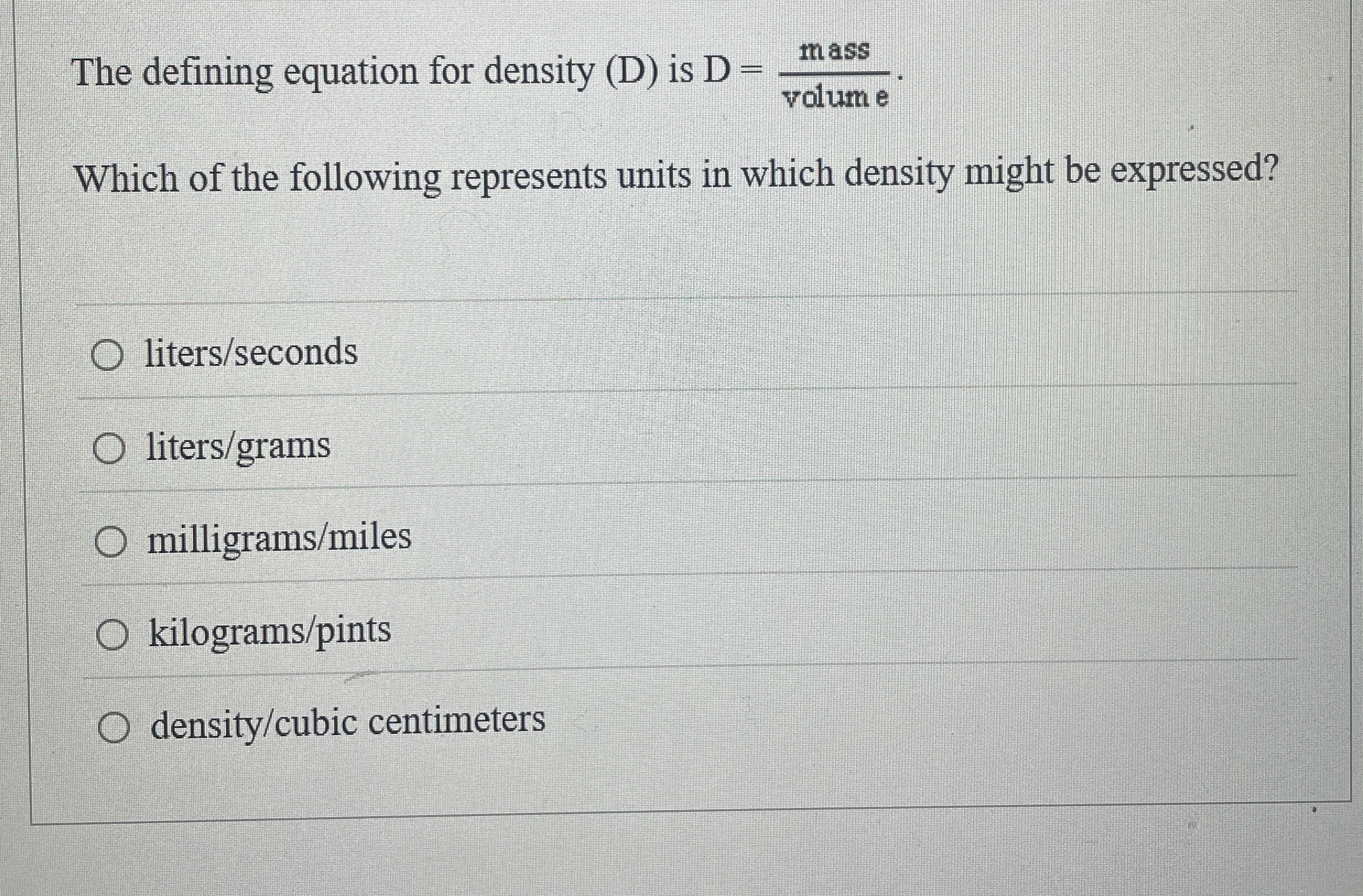 Solved The defining equation for density (D) ﻿is | Chegg.com