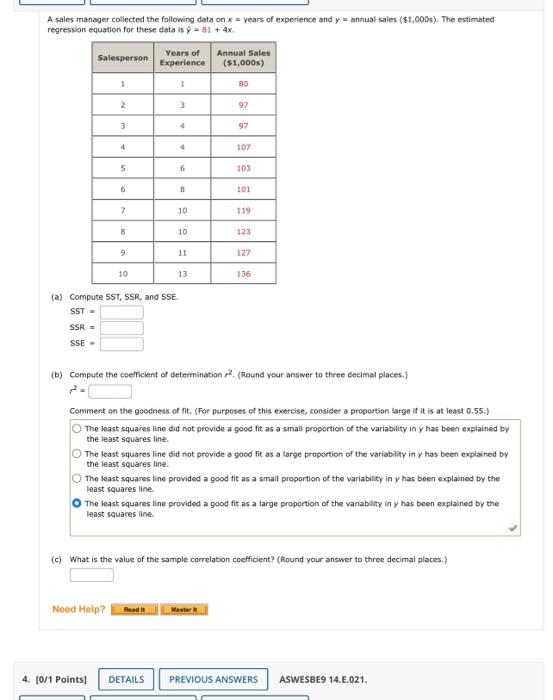 Solved A Sales Manager Collected The Following Data On X = 