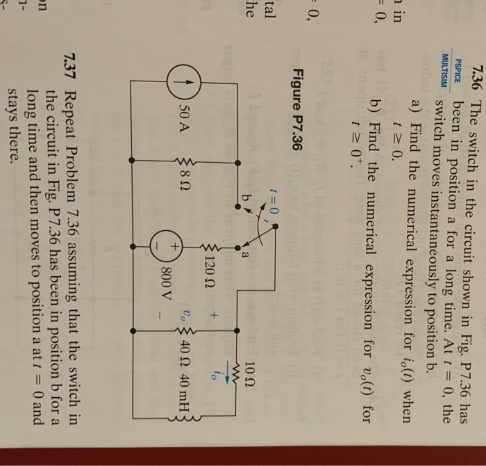 Solved 7.36 PSPICE MULTISIM The switch in the circuit shown