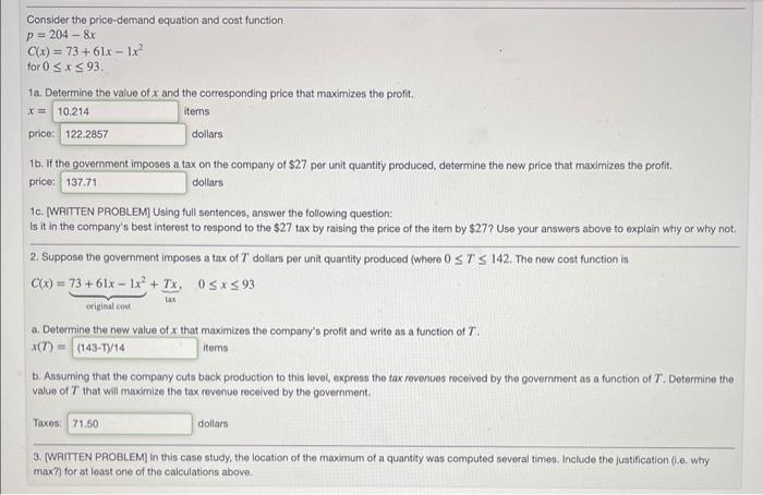 Solved Consider the price-demand equation and cost function | Chegg.com