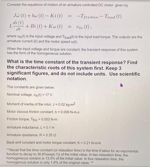 Solved Consider The Equations Of Motion Of An Armature | Chegg.com