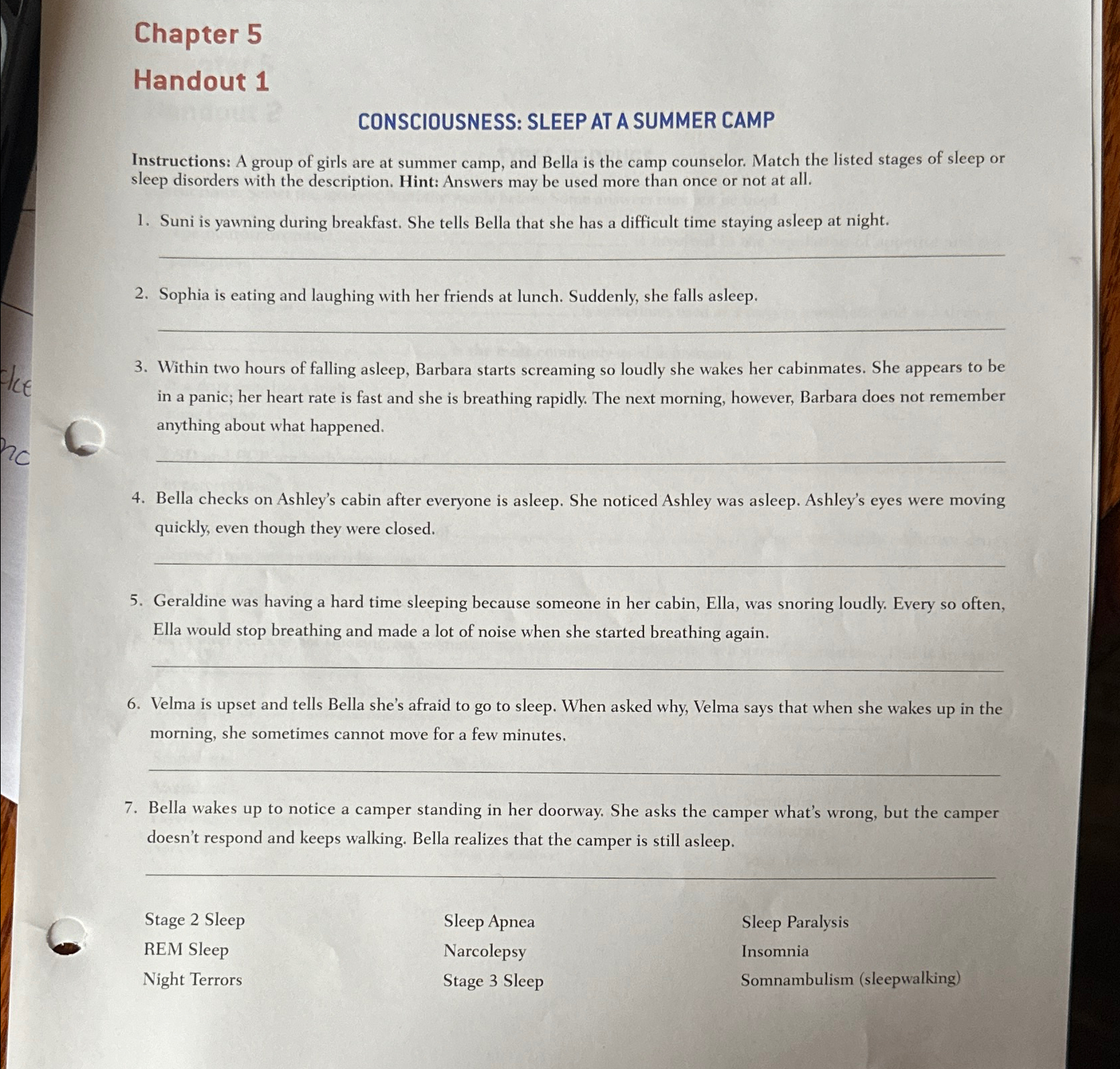 Solved Chapter 5Handout 1CONSCIOUSNESS: SLEEP AT A SUMMER | Chegg.com