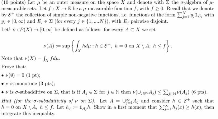 Solved 10 Points Let U Be An Outer Measure On The Space Chegg Com