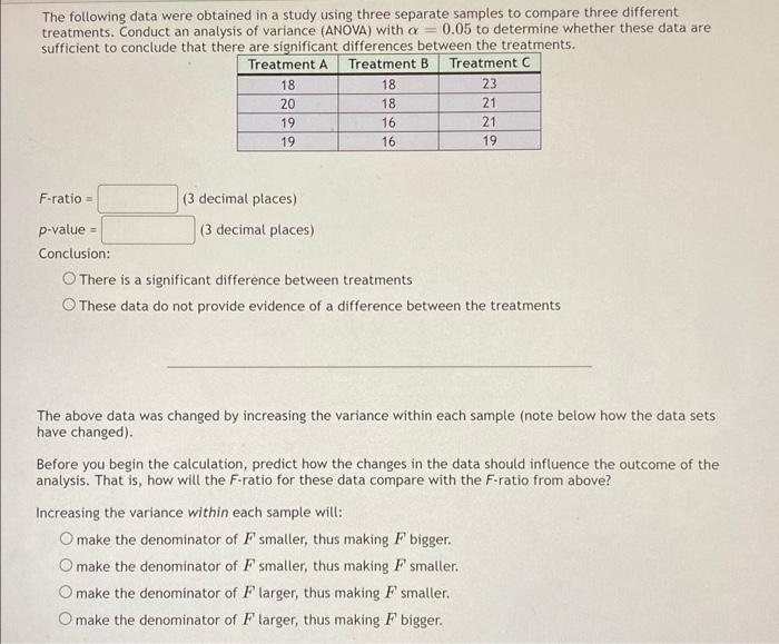 Solved The following data were obtained in a study using | Chegg.com