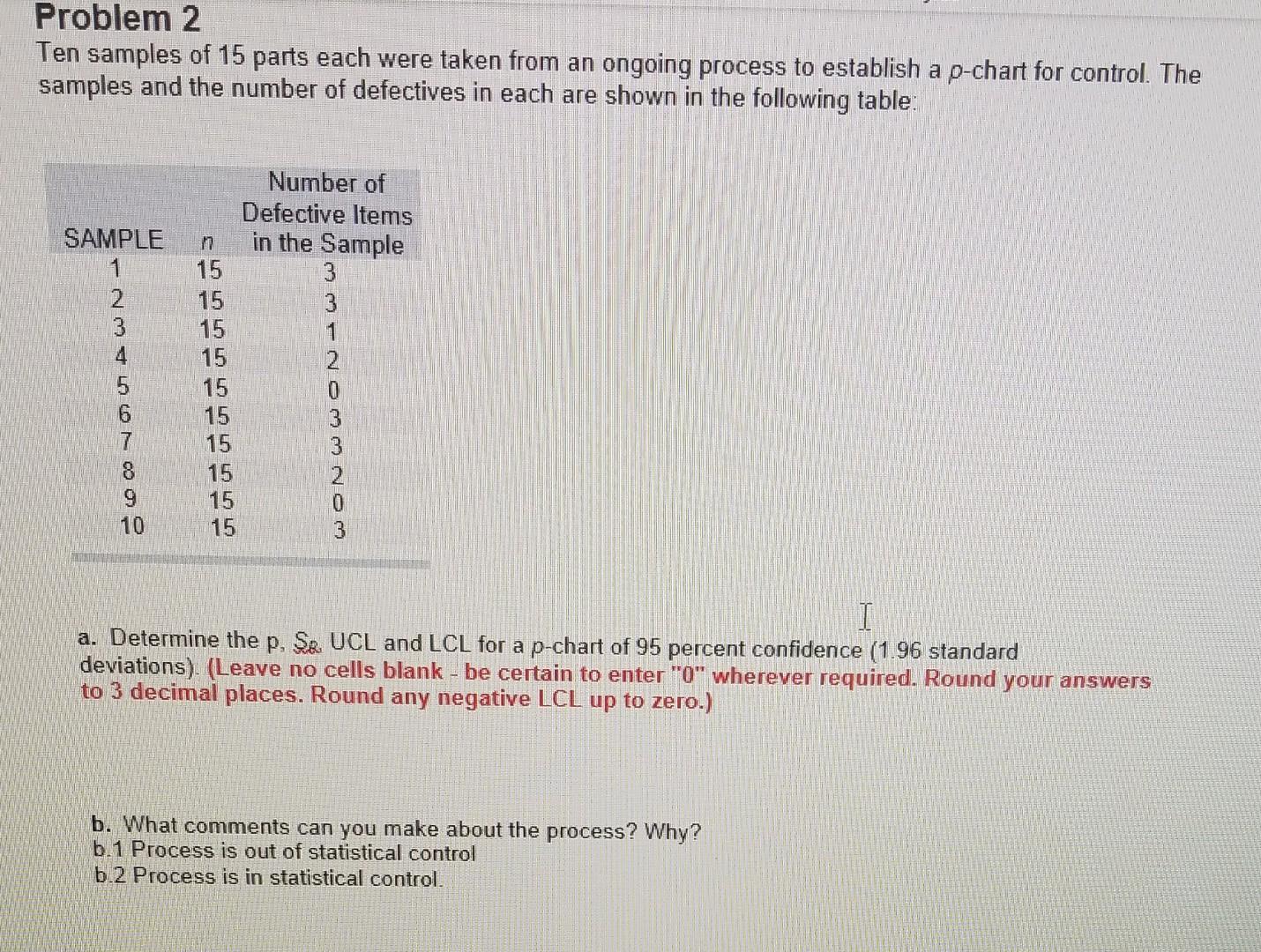 Solved Problem 2 Ten samples of 15 parts each were taken | Chegg.com