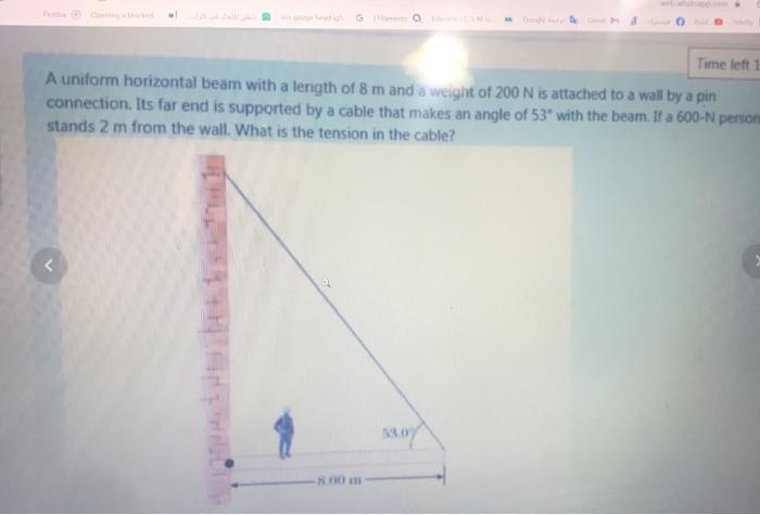Solved . Time left 1 A uniform horizontal beam with a length | Chegg.com
