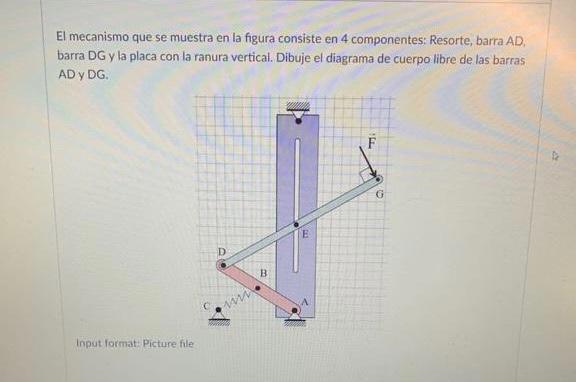 El mecanismo que se muestra en la figura consiste en 4 componentes: Resorte, barra \( A D \). barra DG y la placa con la ranu