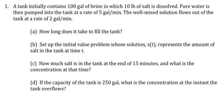 Solved A Tank Initially Contains 100 Gal Of Brine In Which | Chegg.com