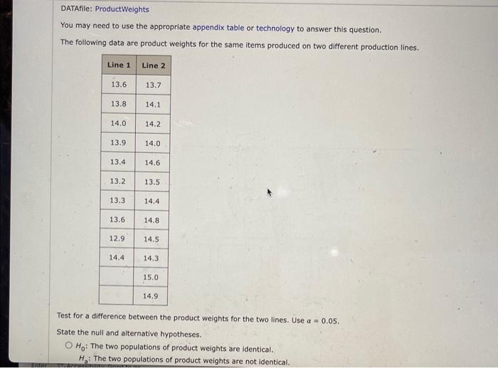 Solved DATAfile: ProductWeights You may need to use the | Chegg.com