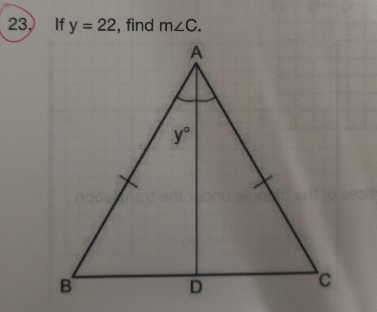 If \( y=22 \), find \( m \angle C \).