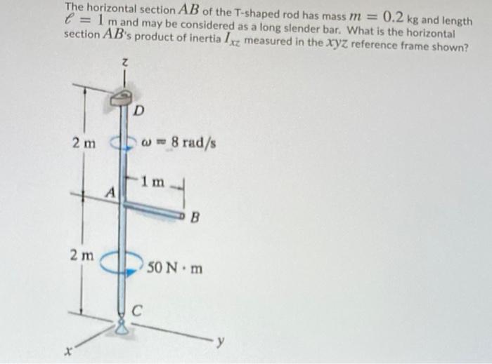 The horizontal section AB of the T-shaped rod has mass m = 0.2 kg and length
e = 1 mand may be considered as a long slender b