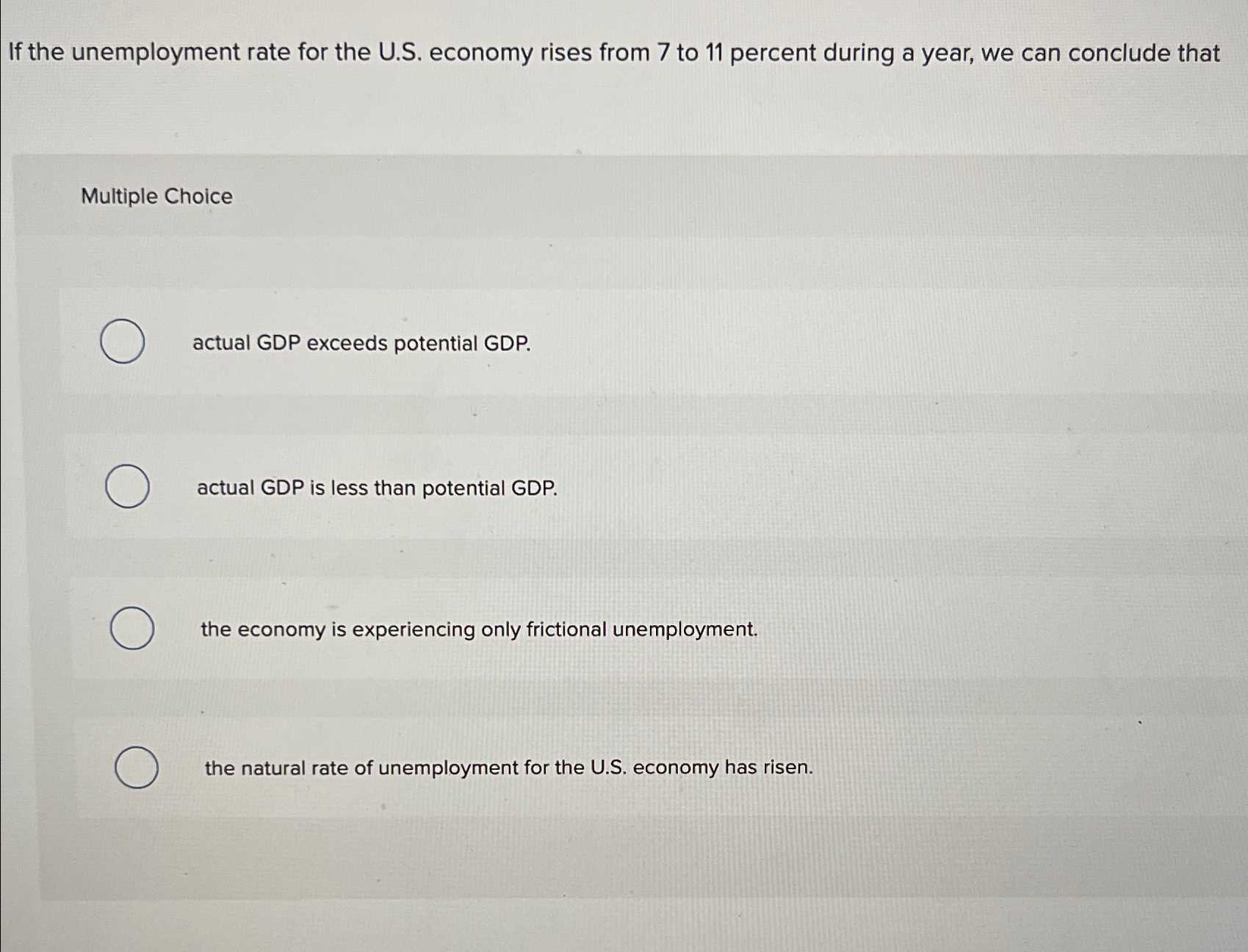 Solved If the unemployment rate for the U.S. ﻿economy rises | Chegg.com