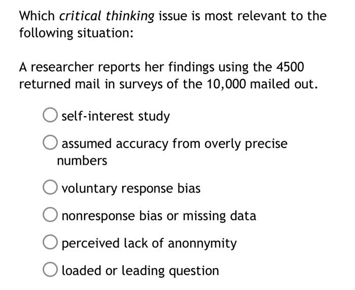 Solved Which critical thinking issue is most relevant to the | Chegg.com