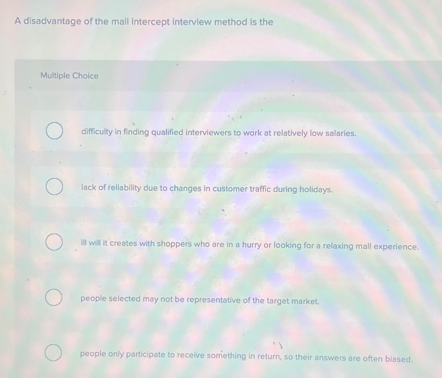 Solved A disadvantage of the mall intercept interview method | Chegg.com
