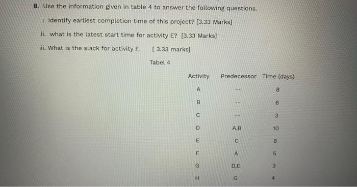 Solved B. Use The Information Given In Table 4 To Answer The | Chegg.com