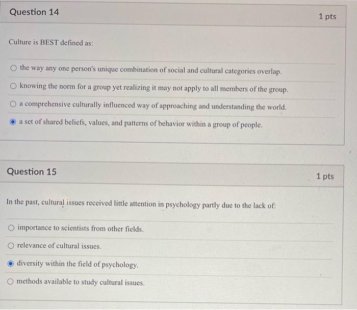 Question 14 1 pts Culture is BEST defined as: the way | Chegg.com