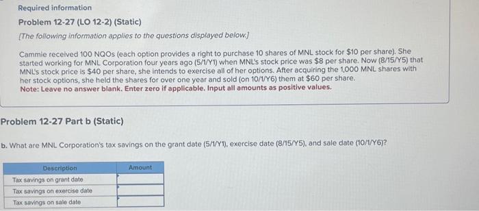 Solved Required information Problem 12-27 (LO 12-2) (Static) | Chegg.com