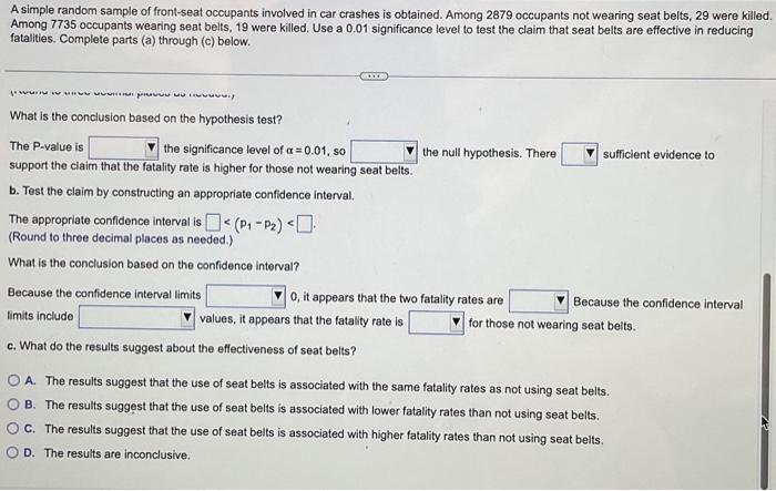 Solved A simple random sample of front-seat occupants | Chegg.com