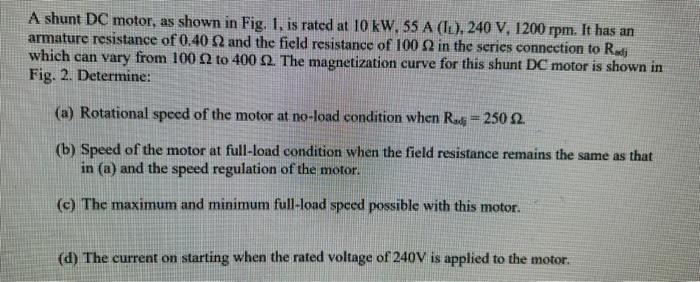 Solved A Shunt DC Motor, As Shown In Fig. 1 , Is Rated At 10 | Chegg.com