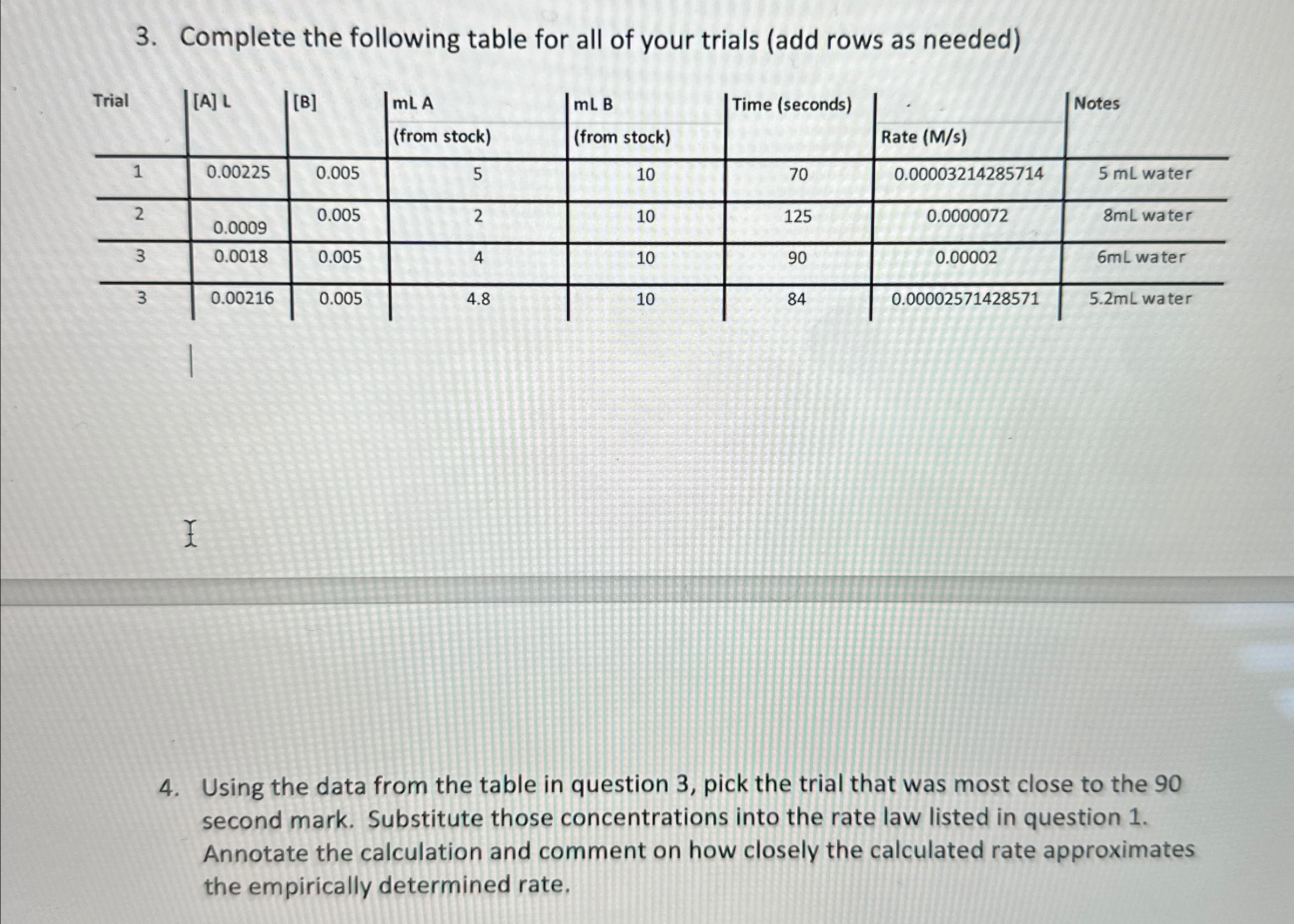 Complete the following table for all of your trials | Chegg.com