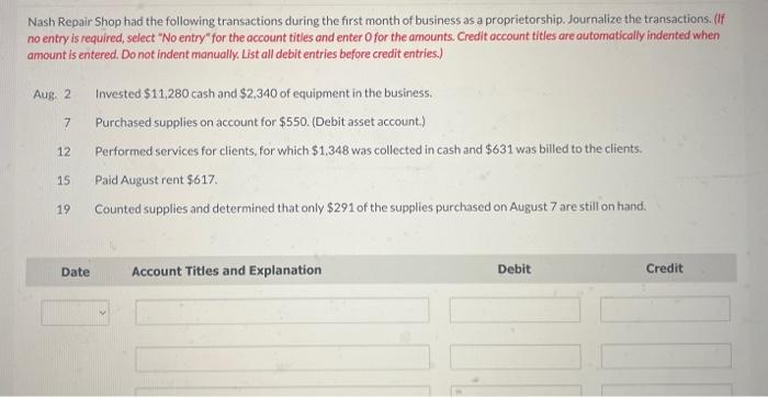 Solved Nash Repair Shop had the following transactions | Chegg.com