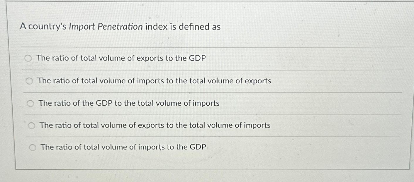 Solved A country's Import Penetration index is defined asThe | Chegg.com