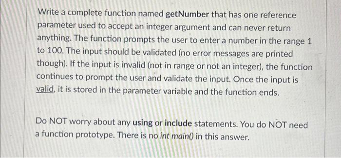Solved Write a complete function named getNumber that has | Chegg.com