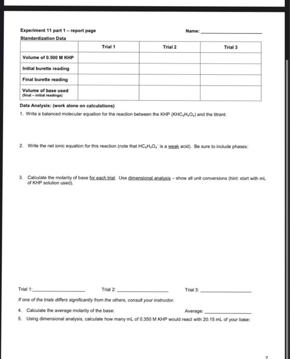 Experiment 11 part 1 Winter 2020 ACID BASE TITRATIONS | Chegg.com