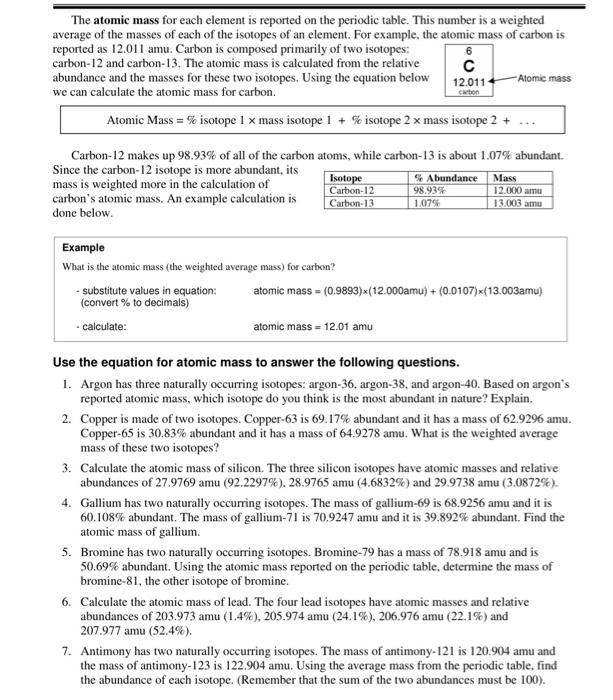 Solved The atomic mass for each element is reported on the | Chegg.com