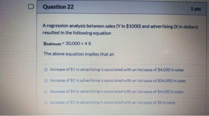 Solved D Question 22 1 pts A regression analysis between | Chegg.com