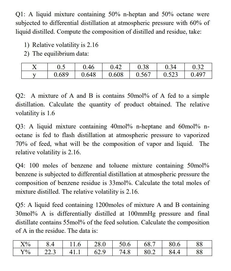 Solved Q1 A liquid mixture containing 50 nheptan and 50