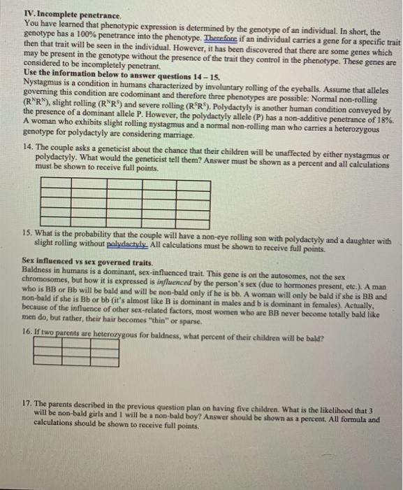 Solved IV. Incomplete penetrance. You have learned that | Chegg.com