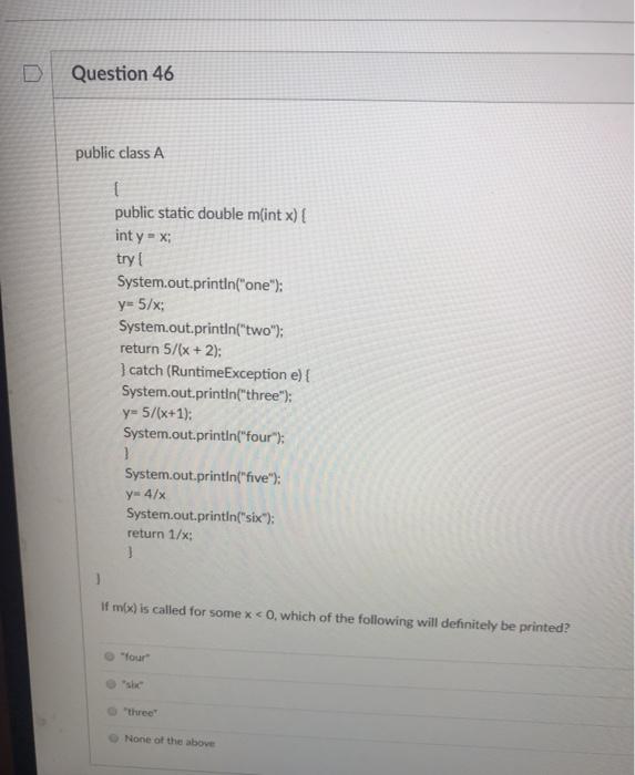 Solved Question 46 public class A public static double m(int | Chegg.com