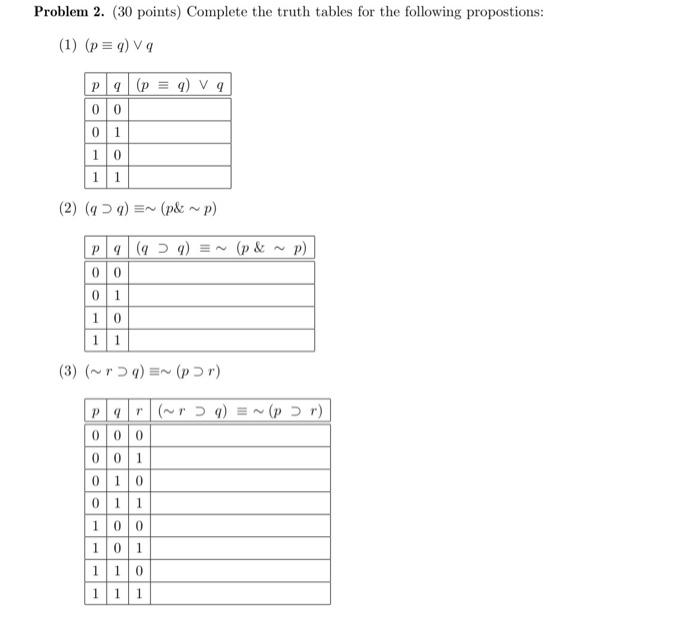 Solved Problem 2. (30 points) Complete the truth tables for | Chegg.com