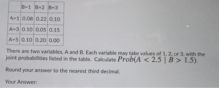 Solved B-1 B-2 B-3 A=1 0.08 0.22 0.10 A-3 0.10 0.05 0.15 A=5 | Chegg.com