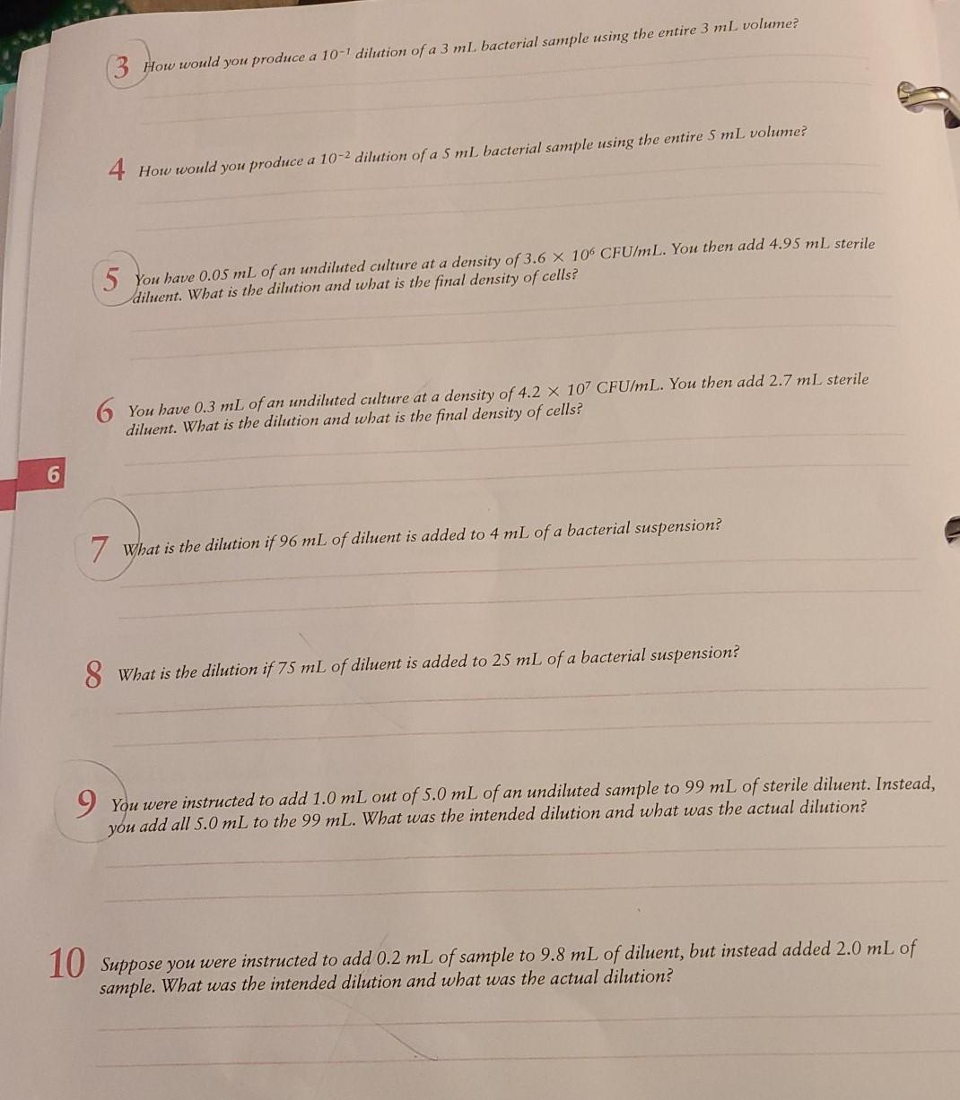 Solved 3 How Would You Produce A 10-1 Dilution Of A 3 Ml | Chegg.com